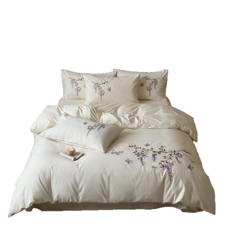 Reversible Silk-Effect Embroidered Wisteria Duvet Cover Set with Piped Shams