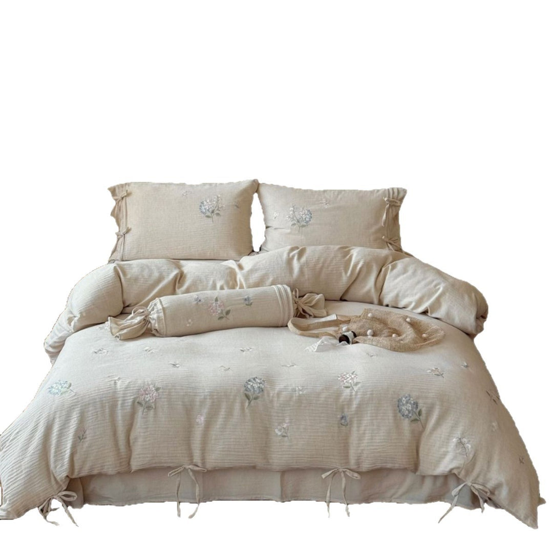 Embroidered Cotton-Linen Duvet Cover Set with Tied Corners & Bolster Pillow