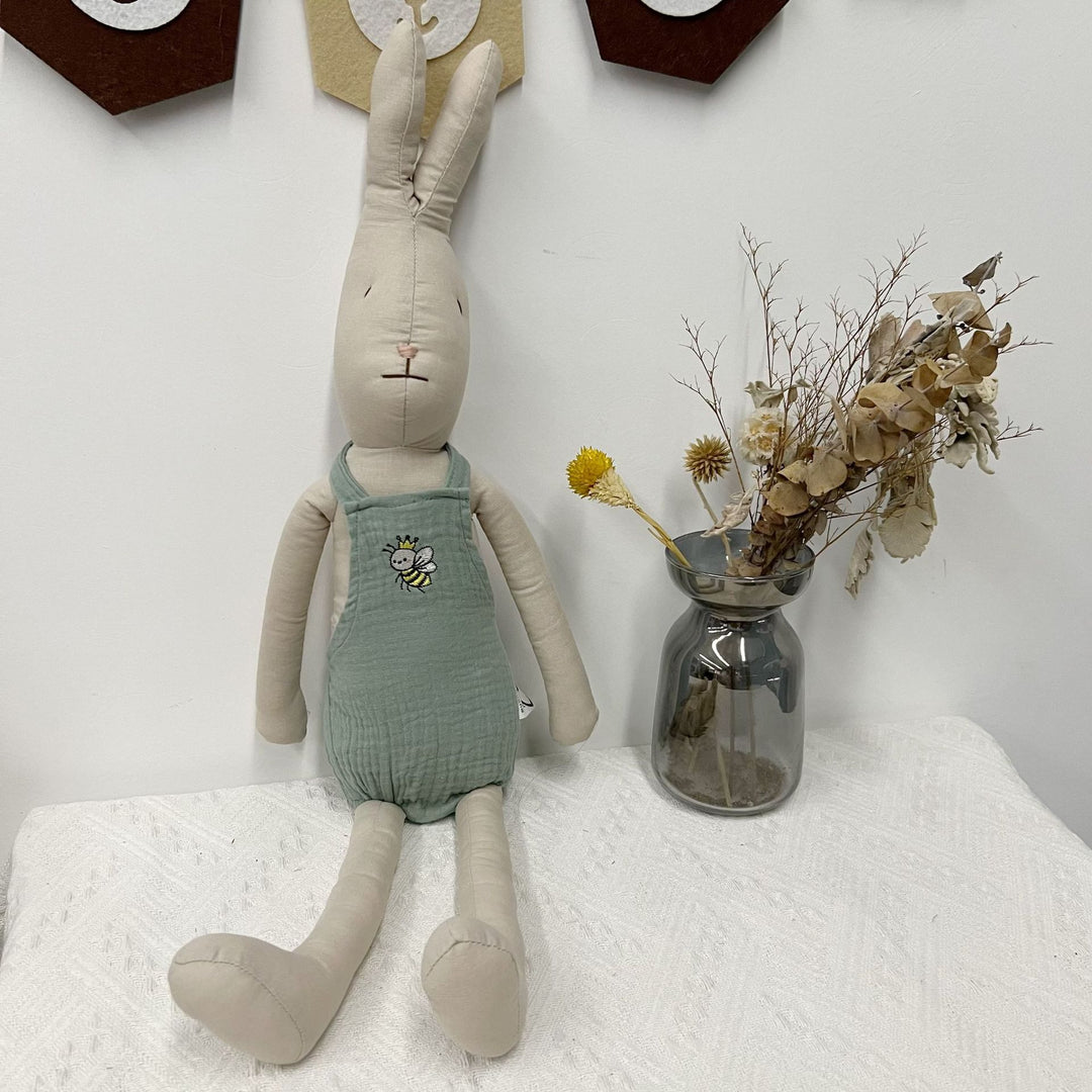 Handmade Linen Long-Leg Bunny Soft Toy with Embroidered Overalls