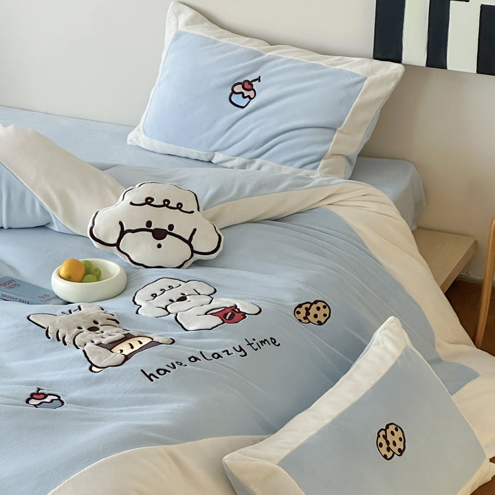 Cartoon-Embroidered Cotton Duvet Cover Bedding Set with Plush Patch