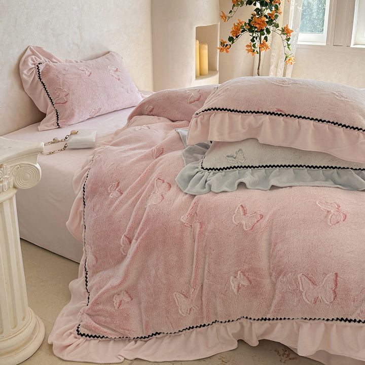 Embroidered Butterfly Ruffled Linen-Blend Duvet Cover Set with Decorative Pillow Shams