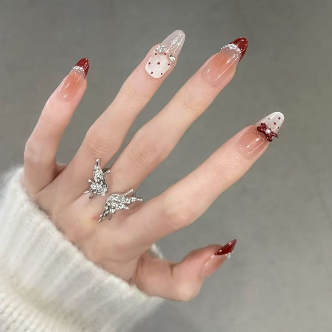 Artistic Press-On Nail Set with Elegant Bow and Gemstone Decor Stornfield