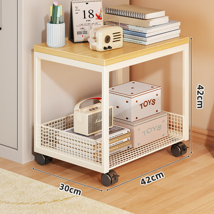 Two-Tier Rolling Mesh Storage Cart with Wood Top and Locking Casters