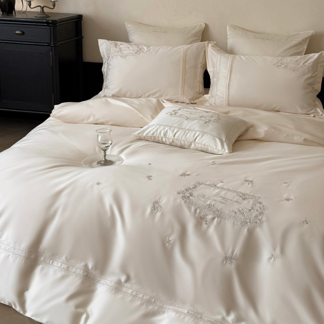 Embroidered Satin Duvet Cover Set with Decorative Pillow Shams