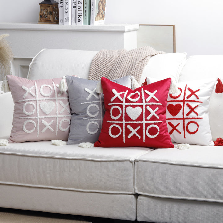 Square Decorative Pillow Cover with Fuzzy Heart Appliqué and Tassel Corners