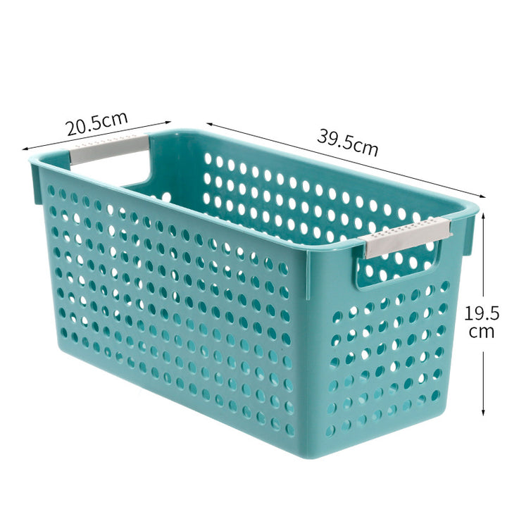 Flat plastic storage box with perforated side wall and grip recesses