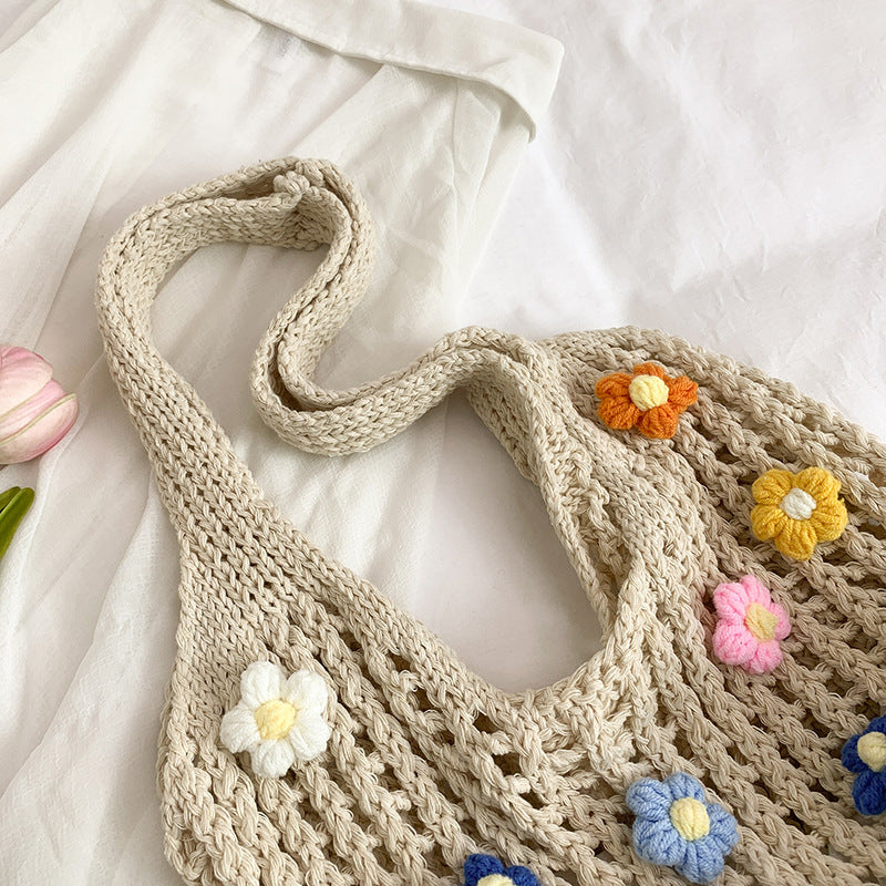 Floral Embellished Crochet Tote