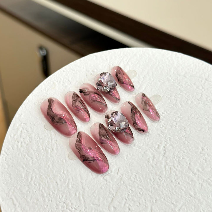 Artistic Marble-Design Press-On Nail Set with Gemstone Accents