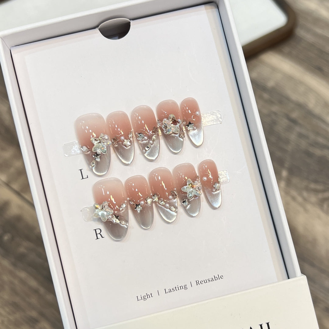 Elegant Press-On Almond Nails with Floral Accents Stornfield