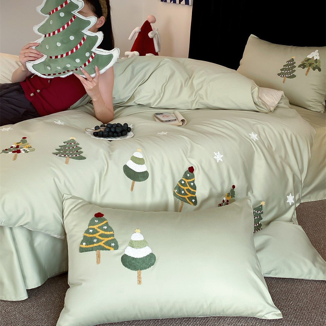 Reversible Embroidered Holiday Duvet Cover Set with Cotton-Sateen Finish