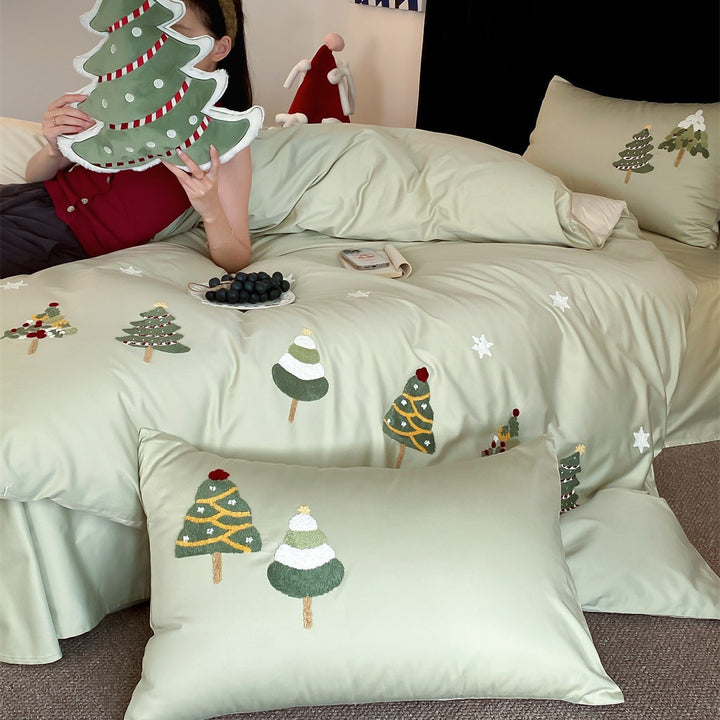 Reversible Embroidered Holiday Duvet Cover Set with Cotton-Sateen Finish