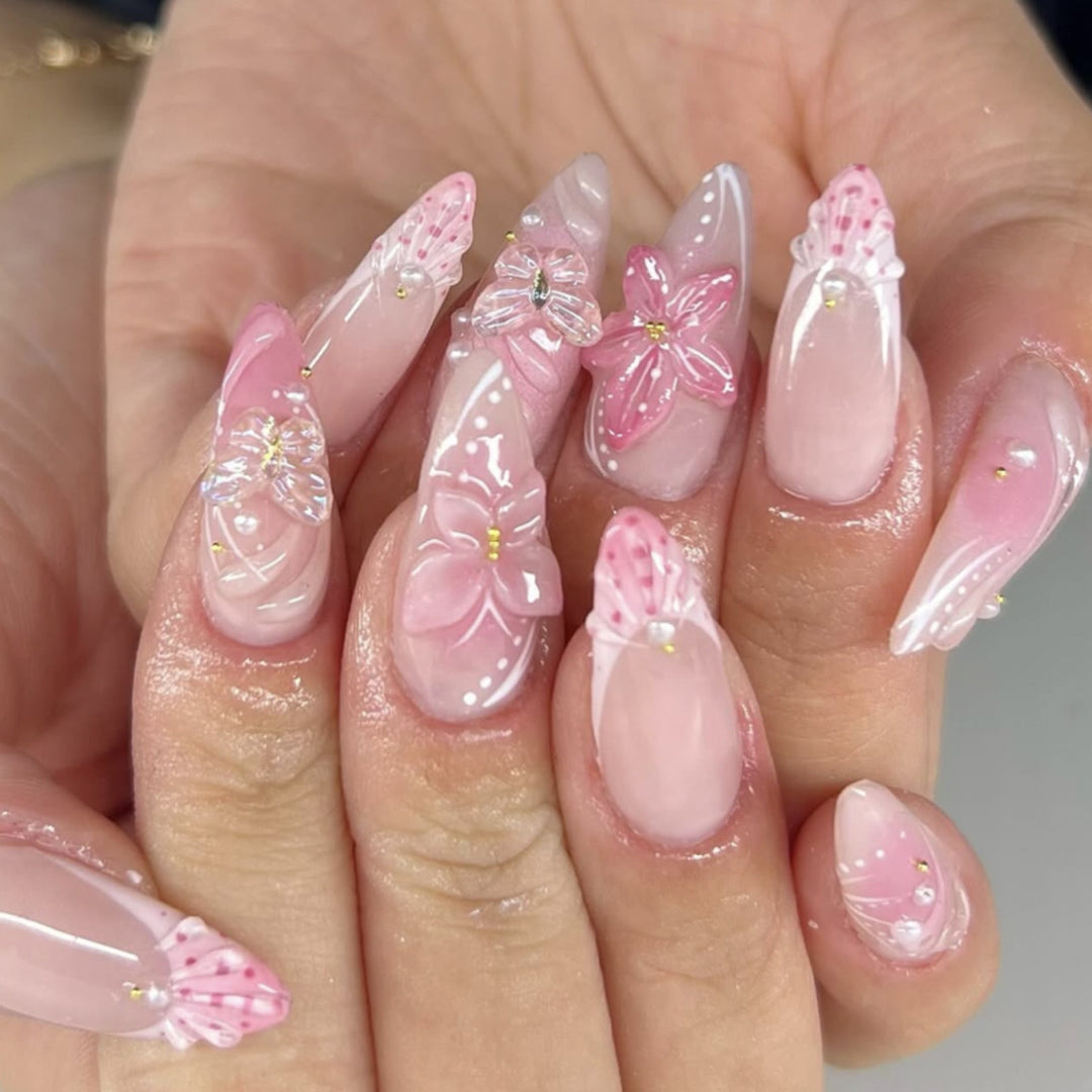 Artful Nail Extensions with Floral Accents Stornfield