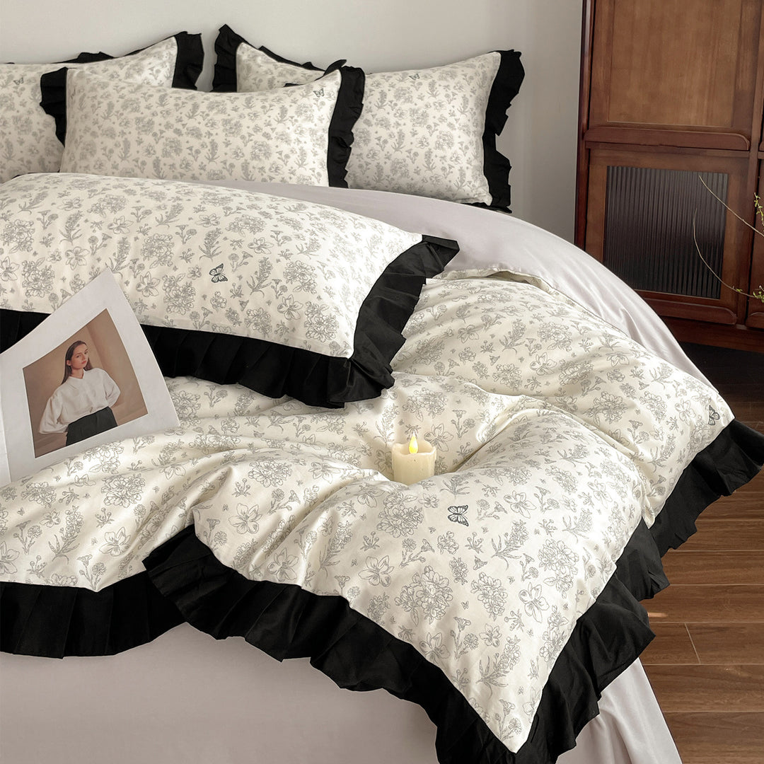 Floral Duvet Cover Set with Ruffled Contrast Border and Bunny Accent Pillow Shams