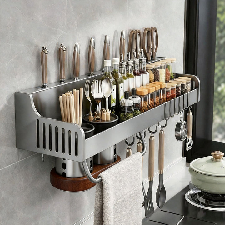 Wall-Mounted Stainless Steel Kitchen Rail with Knife Slots Spice Jar Shelf Multi-Hook Towel Bar