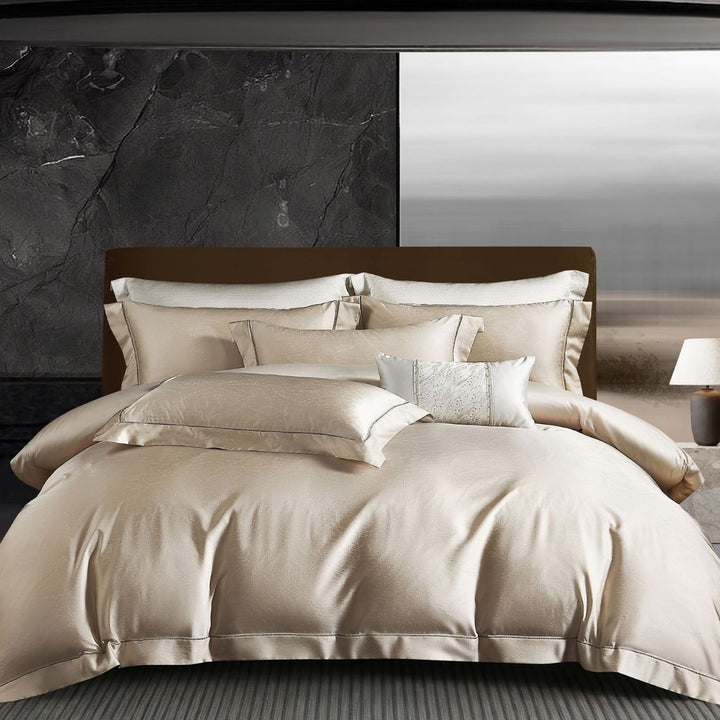 Silky Jacquard Duvet Cover Set with Oxford Hem, Decorative Lumbar Pillow and Envelope Shams