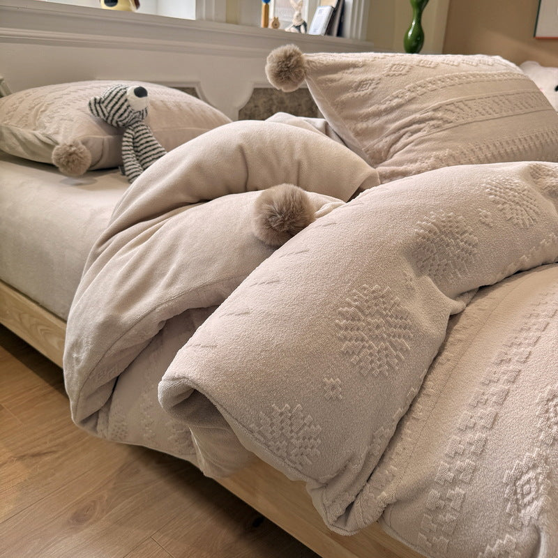 Plush Pom-Pom Microplush Comforter Set with Jacquard Snowflake Texture