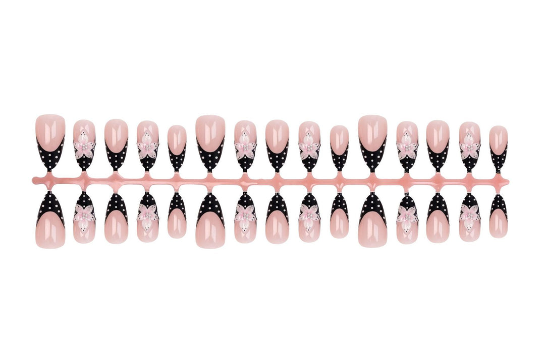 Artificial nail set with elegant 3D flowers and stylish dots Stornfield