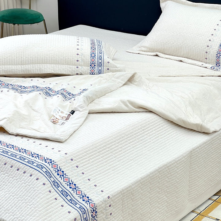 Embroidered Quilted Cotton Coverlet Set with Pillow Shams and Geometric Border
