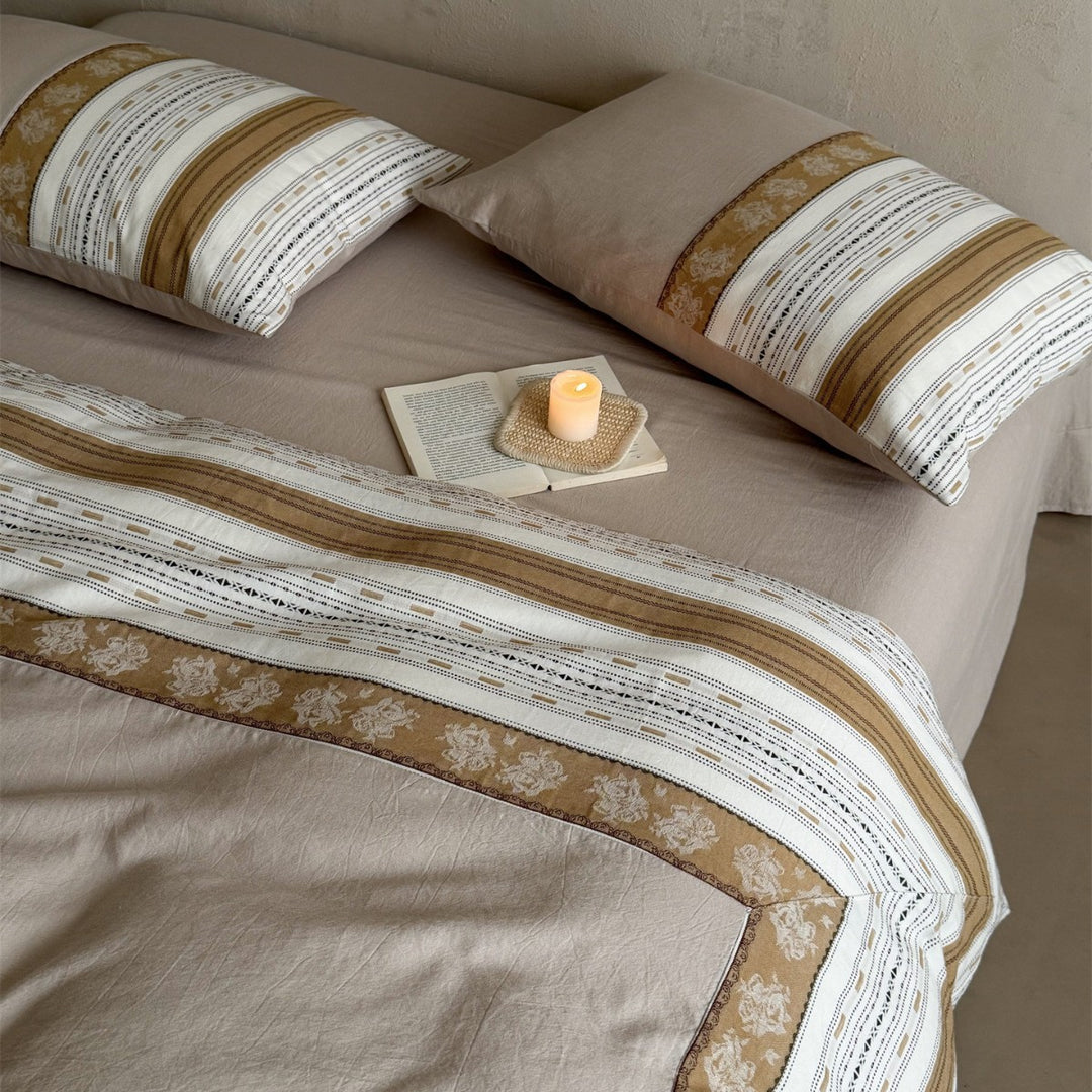 Reversible Cotton-Linen Blend Duvet Cover Set with Decorative Border and Striped Pillow Shams