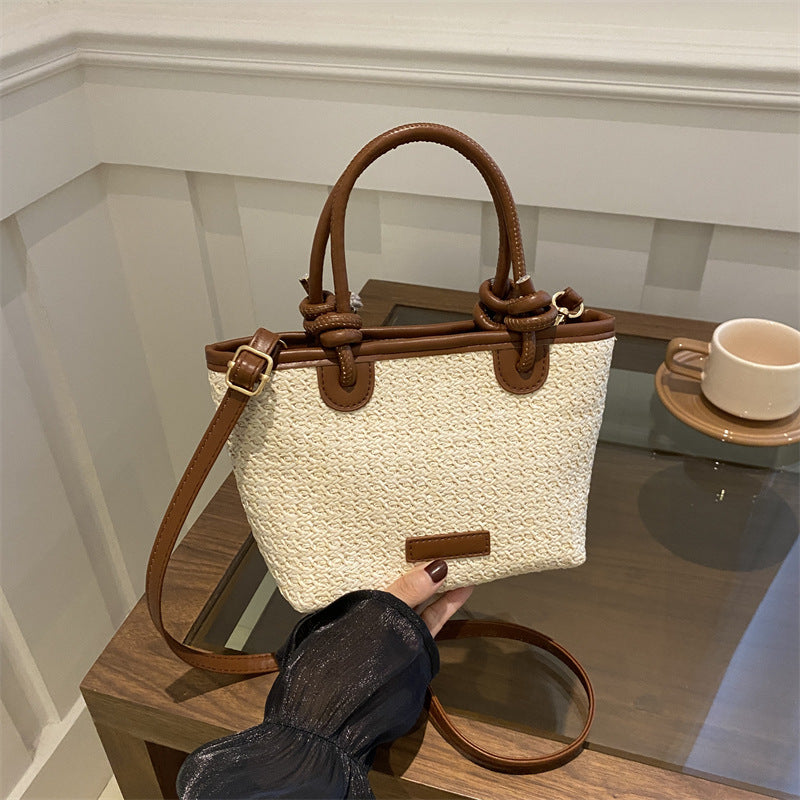 Woven Straw Tote Handbag with Leather Accents