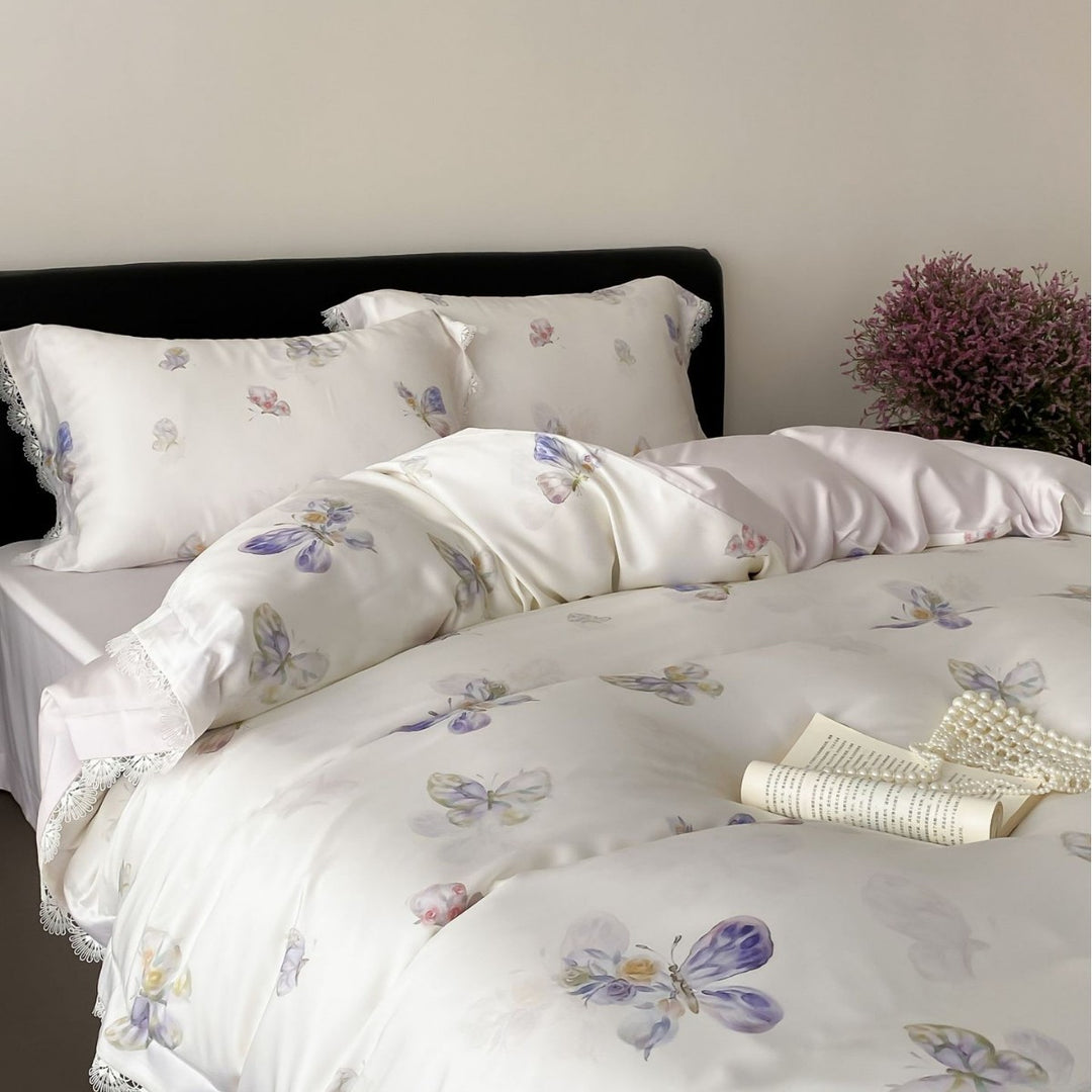 Floral Lace-Trim Satin Sateen Duvet Cover Set with Pillow Shams