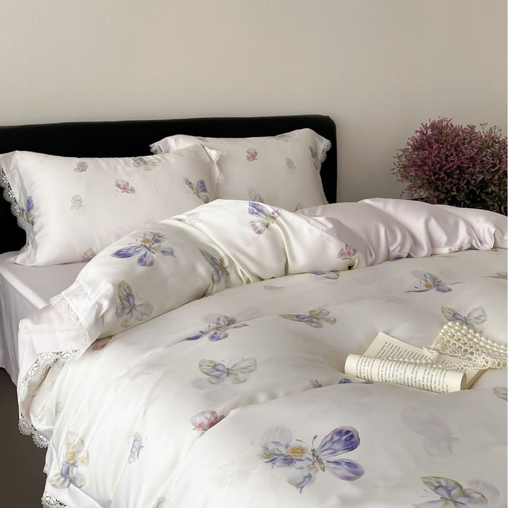 Floral Lace-Trim Satin Sateen Duvet Cover Set with Pillow Shams