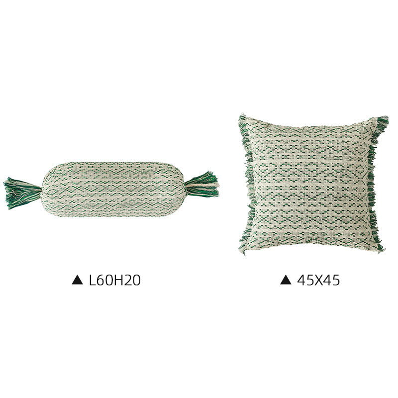 Cozy cushion set made of woven cotton blend with cylindrical roll and tassels Stornfield