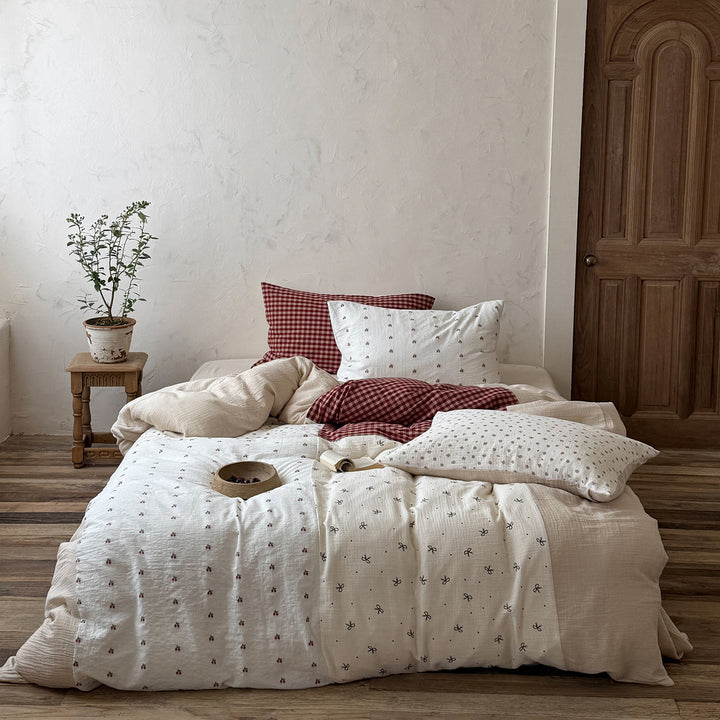 Washed Gauze Cotton Layered Duvet Cover Set with Micro Floral Embroidery and Gingham Accent Pillow