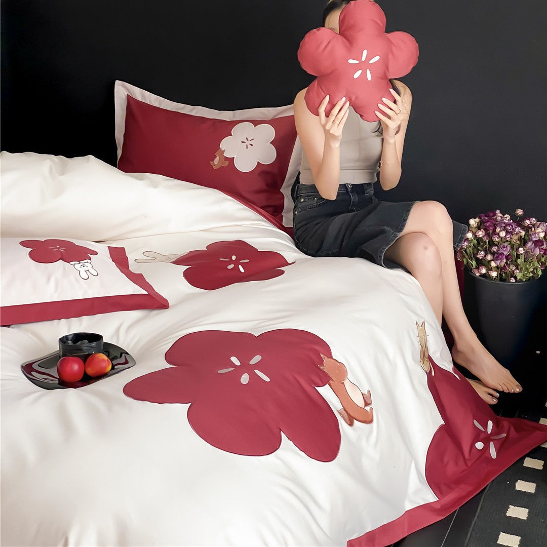 Cotton Sateen Duvet Cover Set with Embroidered Fox and Cat Appliqué