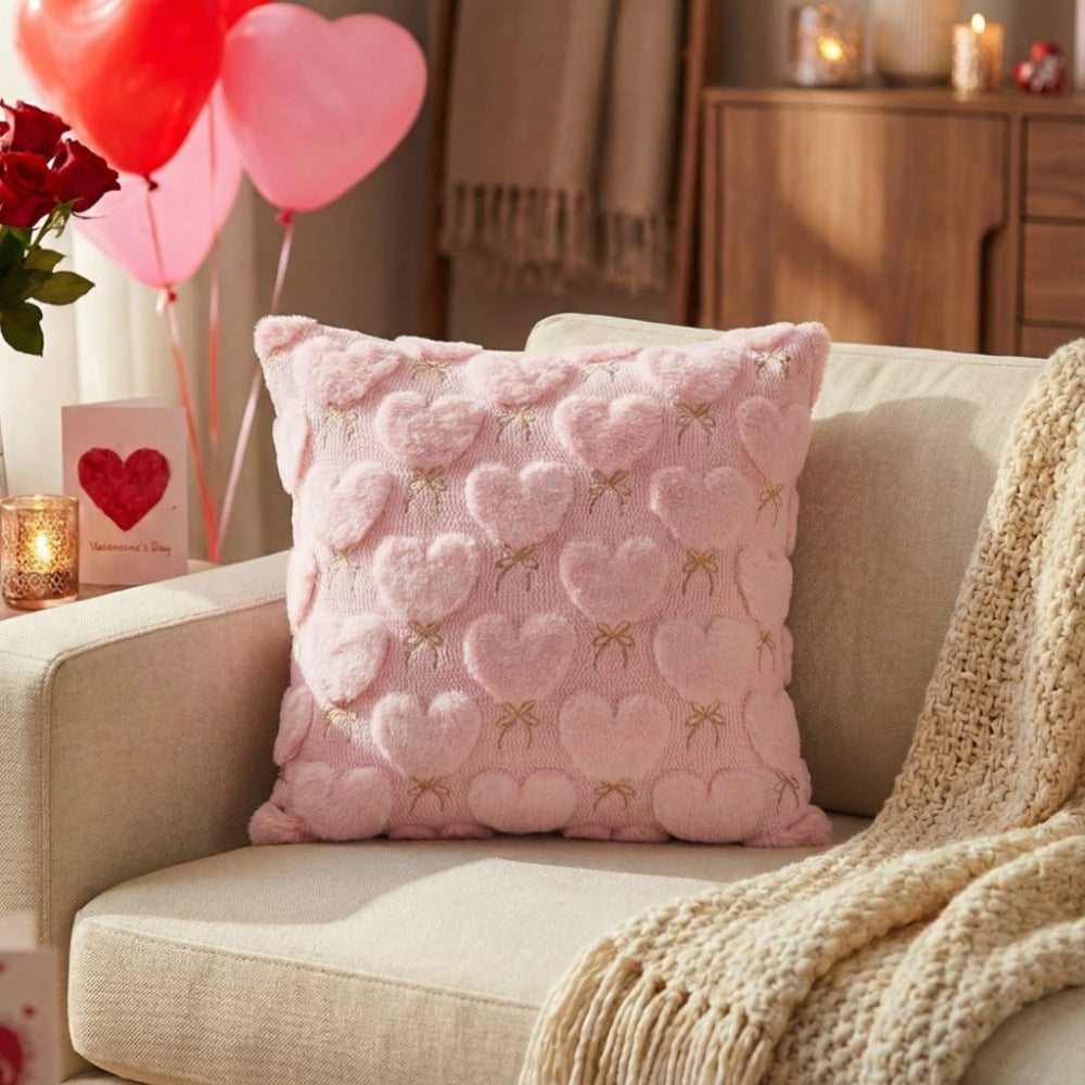Valentine's Plush Heart Embossed Decorative Throw Pillow Cover