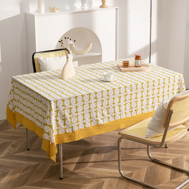 Rectangular printed tablecloth with wide hem and geometric pattern