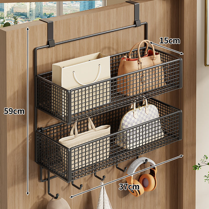 Over-Door Two-Tier Metal Mesh Storage Organizer with Hanging Hooks