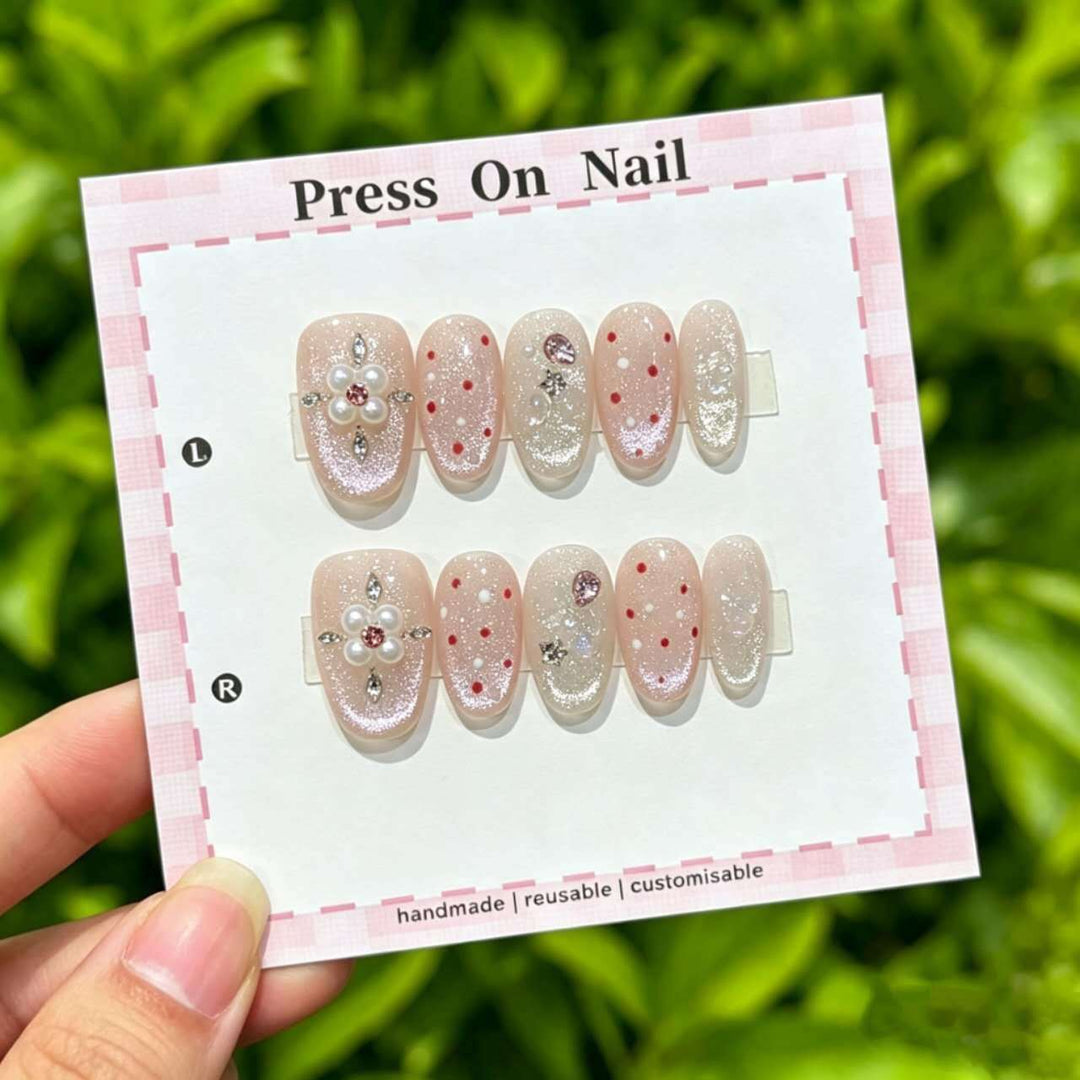 Decorative Press-On Nail Set with Floral and Shimmer Accents