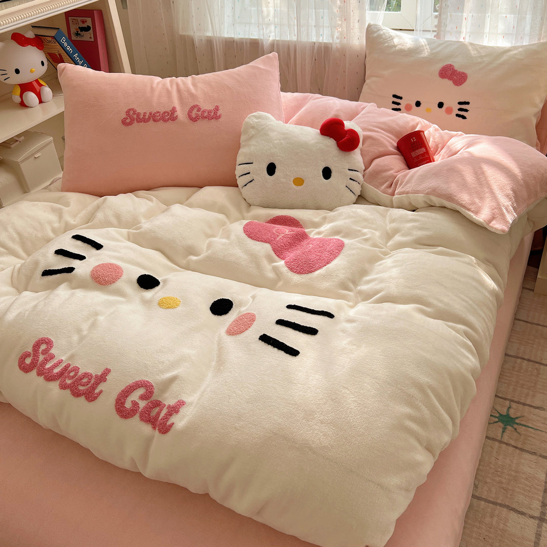 Plush Embroidered Kawaii Cat Comforter Set