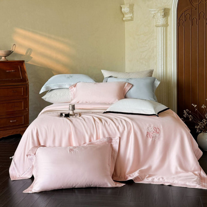 Silk-Feel Embroidered Satin Duvet Cover Set with Monogram Pillow Shams
