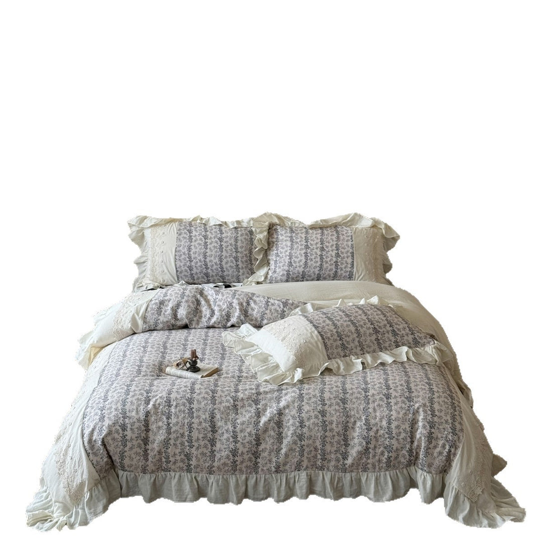 Cottage Lace-Panel Floral Quilt-Style Duvet Cover Set with Frilled Hem