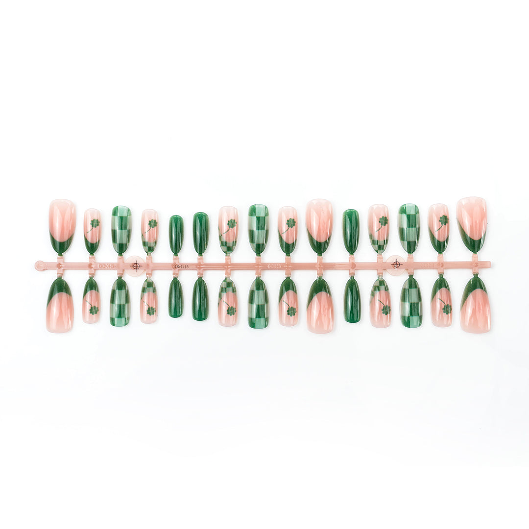Themed Checkered Clover Press-On Nail Art