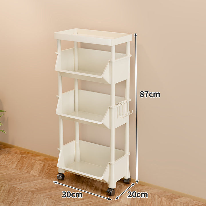 Slim Multi-Tier Rolling Plastic Storage Cart with Deep Tilt Bins and Side Hooks