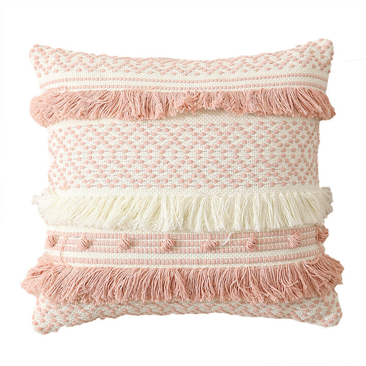Woven decorative cushion cover with 3D dot structure and layered fringes Stornfield