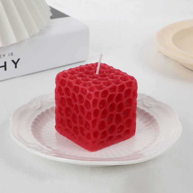 Hand-Poured Honeycomb-Textured Cube Tabletop Candle