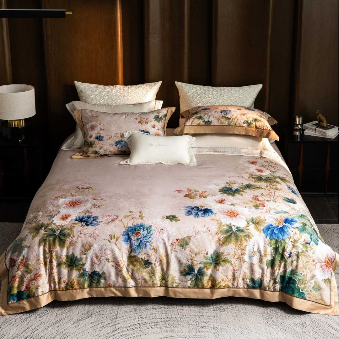 Exclusive bedding set with dark floral jacquard and satin border finish