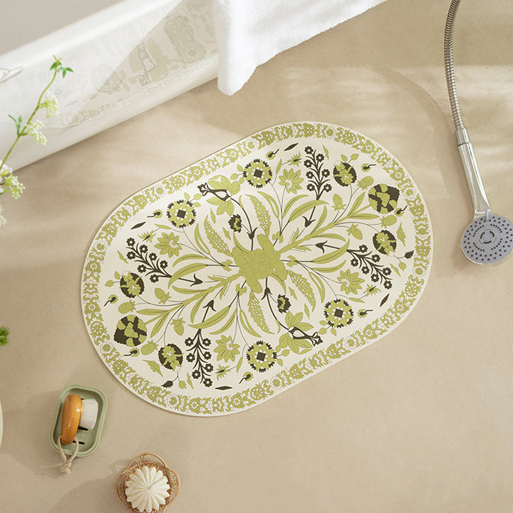 Oval table mat made of wipeable cotton-linen mix with intricate floral print