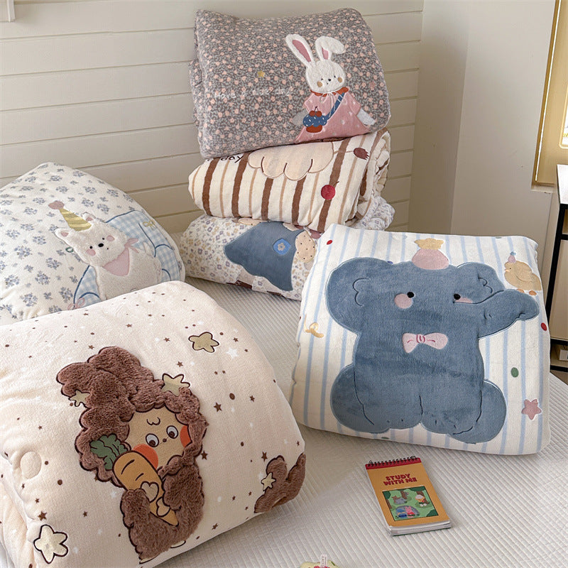 quilted cuddly blanket with 3D rabbit applique and floral microfiber cover