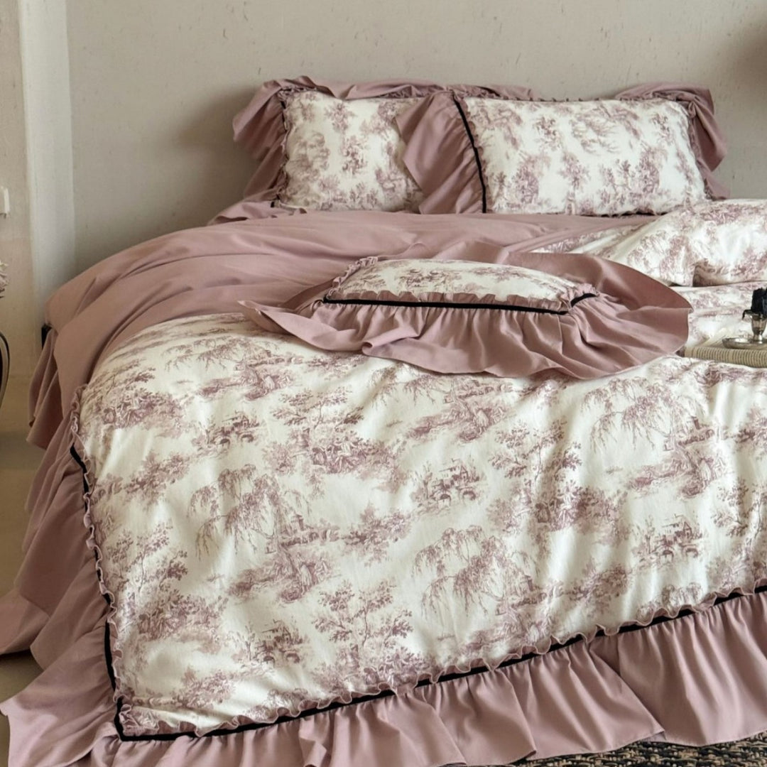 Romantic Toile-Print Ruffled Duvet Cover Set with Layered Bed Skirt