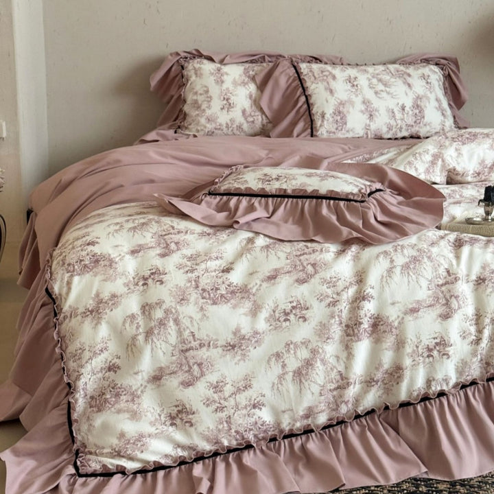 Romantic Toile-Print Ruffled Duvet Cover Set with Layered Bed Skirt