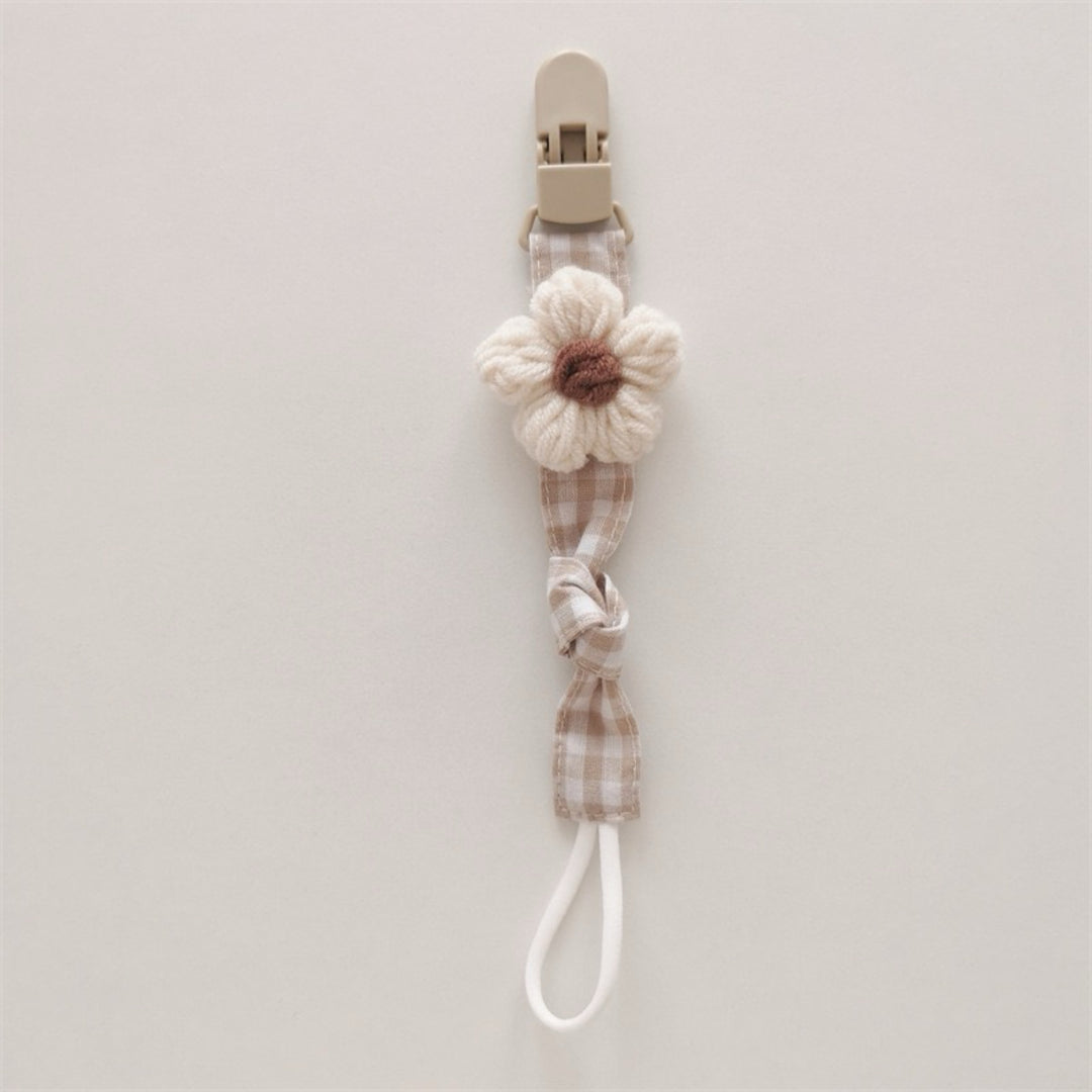 Handmade Cotton Pacifier Clip with Gingham Strap and Knitted Flower