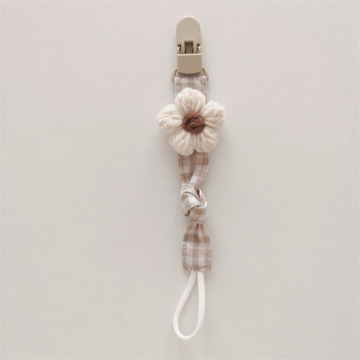 Handmade Cotton Pacifier Clip with Gingham Strap and Knitted Flower