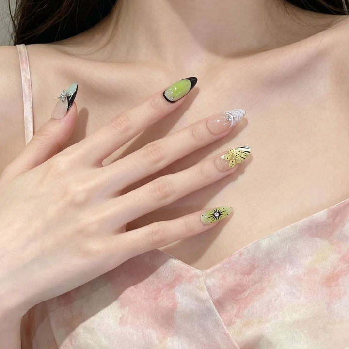 Artistic Press-On Nail Set with Butterfly and Floral Designs Stornfield