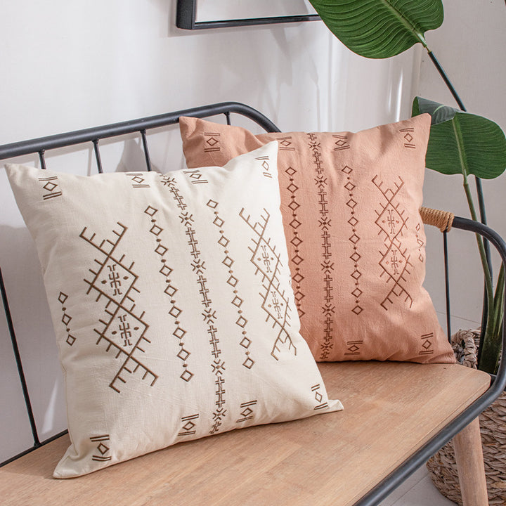 Square cushion cover with embossed velvet texture, embroidered ethnic relief and concealed zipper