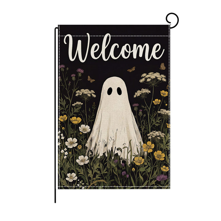 Outdoor Halloween Garden Flag Double-Sided Polyester Yard Banner with Skeleton and Jack-o'-Lantern Illustration
